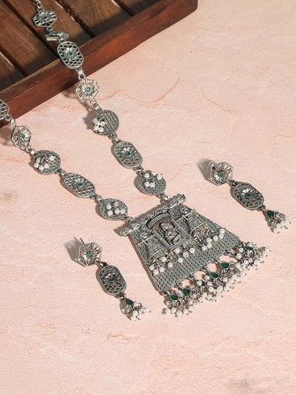 Oxidised Silver Necklace Set with Green Accents & Dangle Earrings