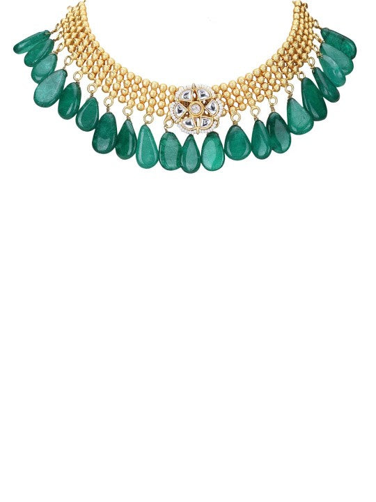 Gold Plated Kundan Green and Gold Necklace Set