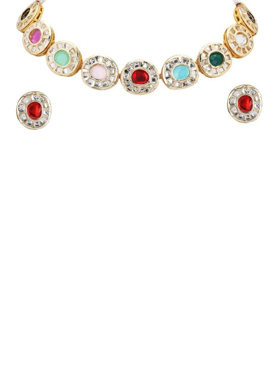 Gold Plated Kundan Multi-Color Stone Necklace Set