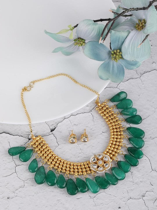 Gold Plated Kundan Green and Gold Necklace Set