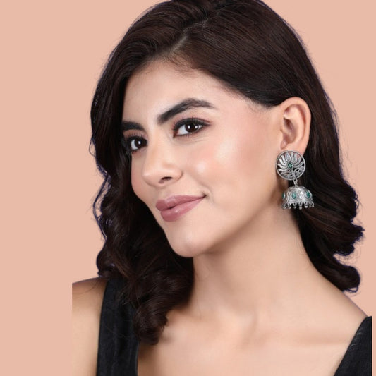 Silver-Toned & Green Silver-Plated Stones Studded Dome Shaped Oxidised Jhumkas
