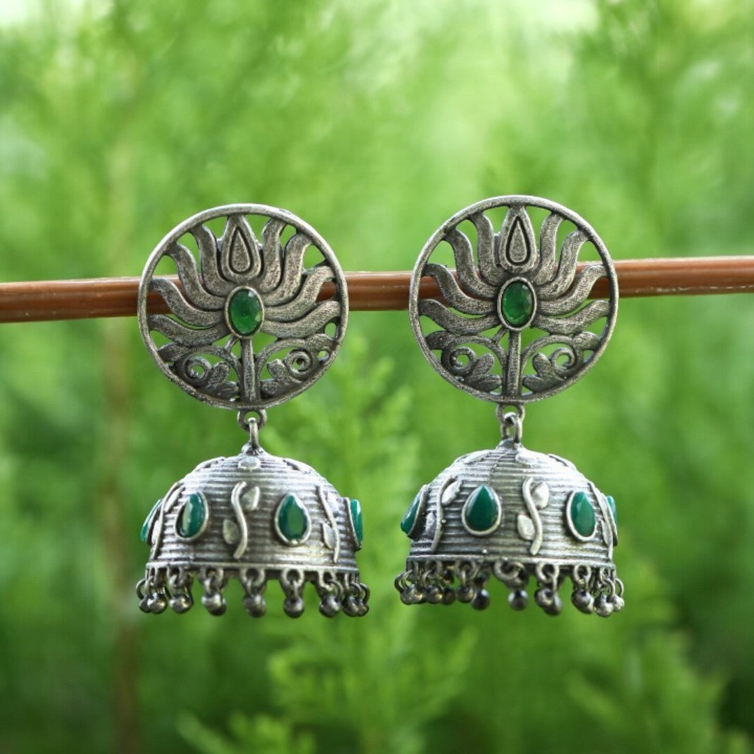 Silver-Toned & Green Silver-Plated Stones Studded Dome Shaped Oxidised Jhumkas