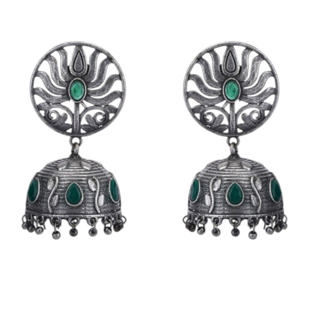Silver-Toned & Green Silver-Plated Stones Studded Dome Shaped Oxidised Jhumkas