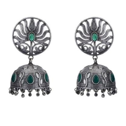 Silver-Toned & Green Silver-Plated Stones Studded Dome Shaped Oxidised Jhumkas