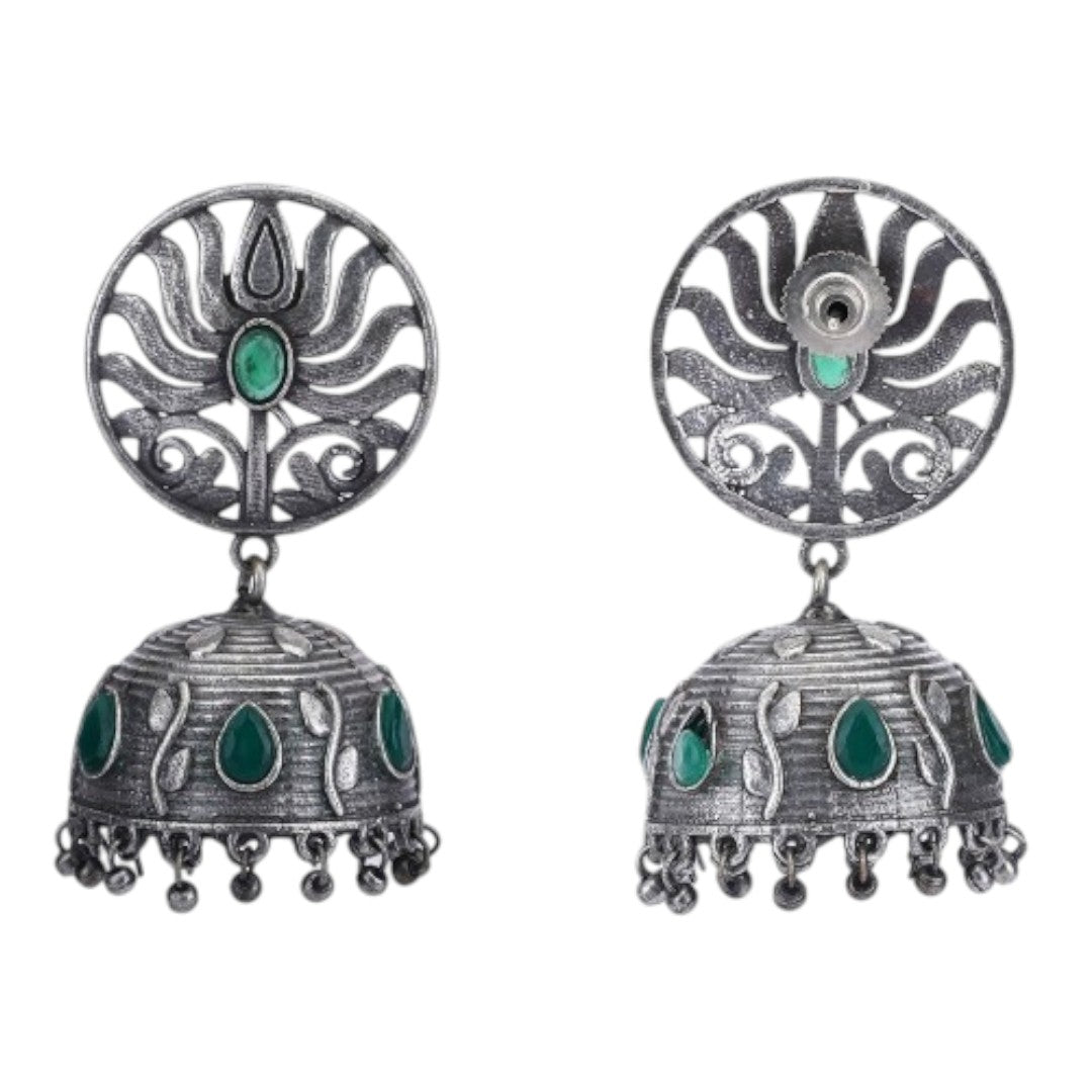 Silver-Toned & Green Silver-Plated Stones Studded Dome Shaped Oxidised Jhumkas