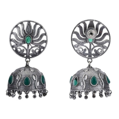 Silver-Toned & Green Silver-Plated Stones Studded Dome Shaped Oxidised Jhumkas