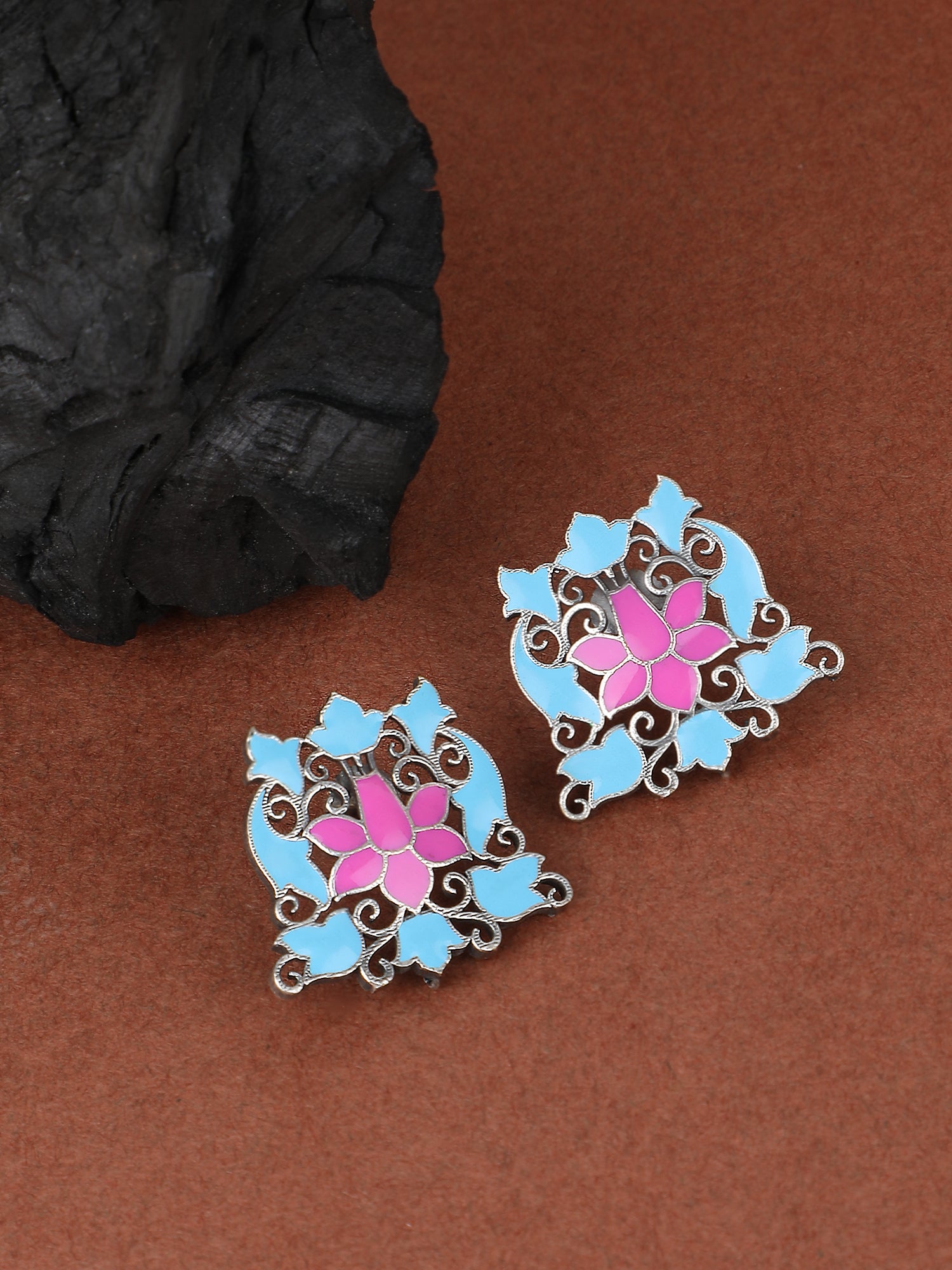 Elegant Oxidized Blue and Pink Earrings for Women