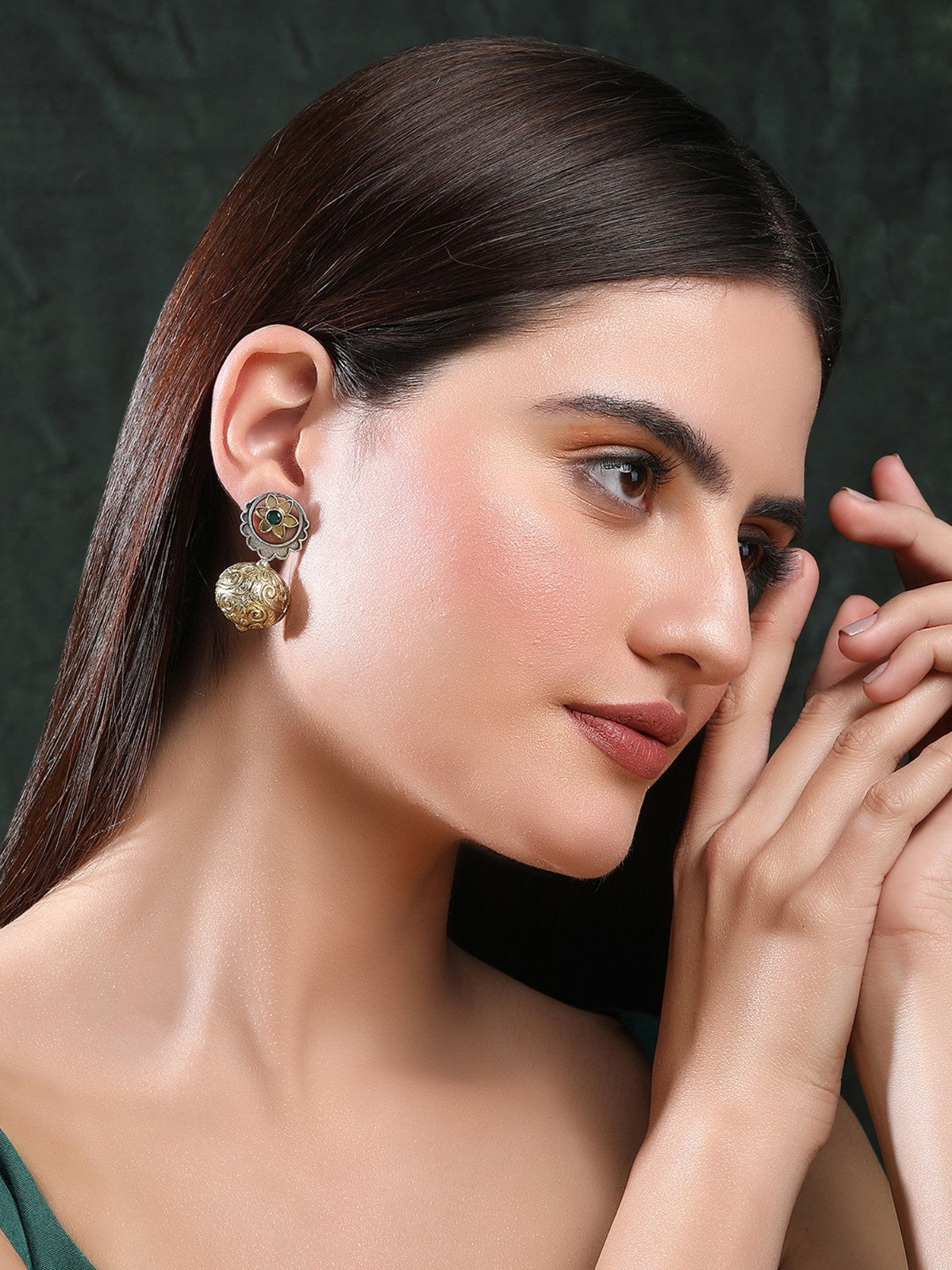 Classic Oxidized Green and Gold Earrings for Women