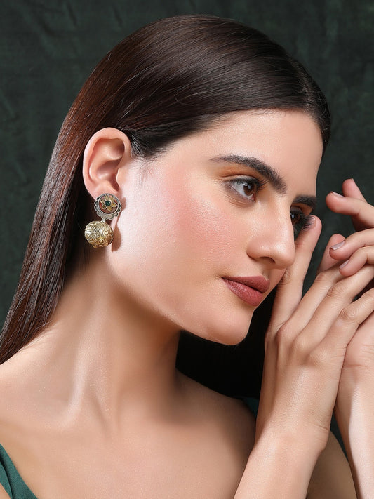 Classic Oxidized Green and Gold Earrings for Women