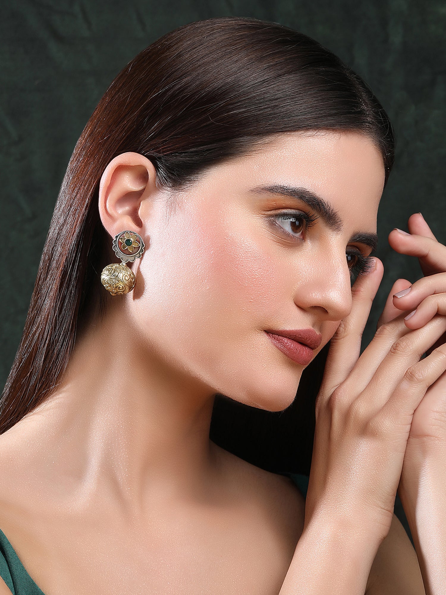 Classic Oxidized Green and Gold Earrings for Women