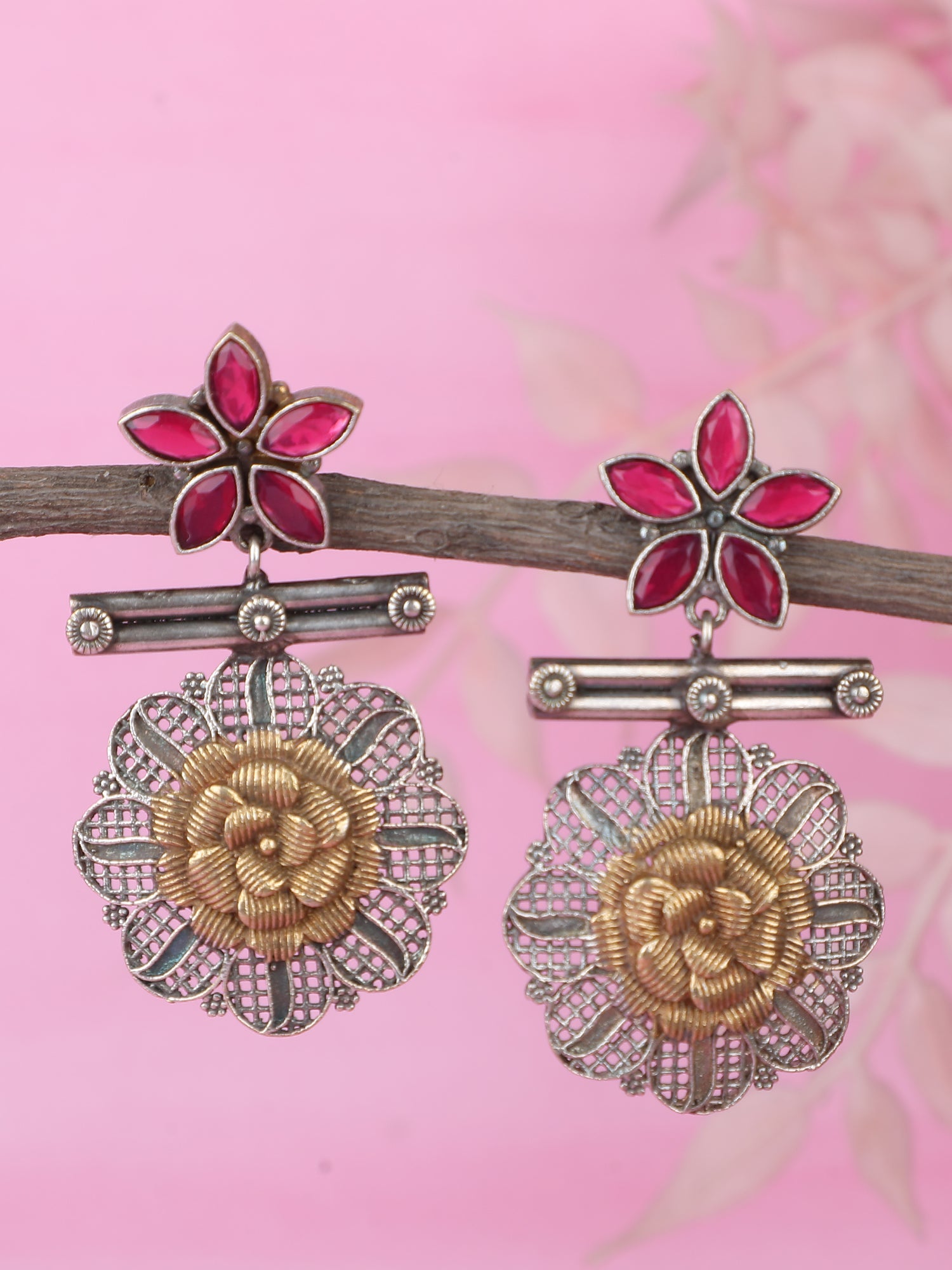 Classic Oxidized Red and Silver Earrings for Women