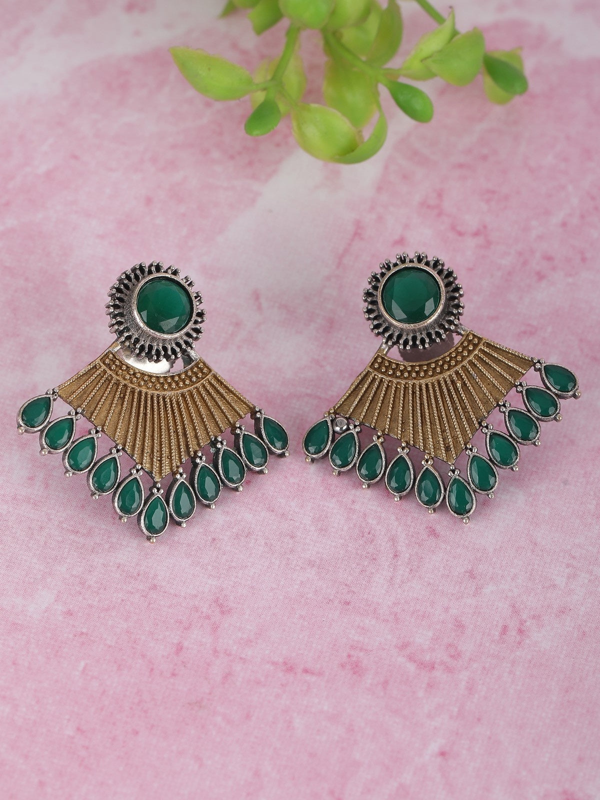 Elegant Oxidized Green and Gold Earrings for Women