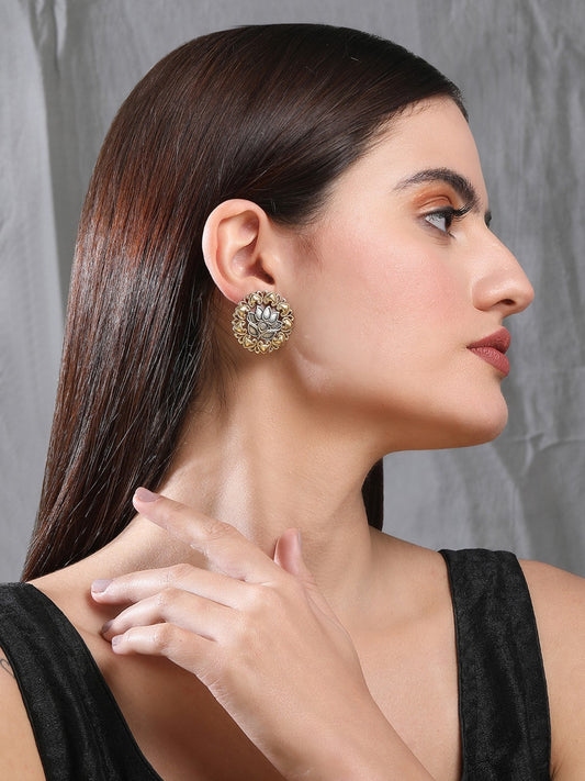 Classic Oxidized Gold and Silver Lotus Earrings for Women