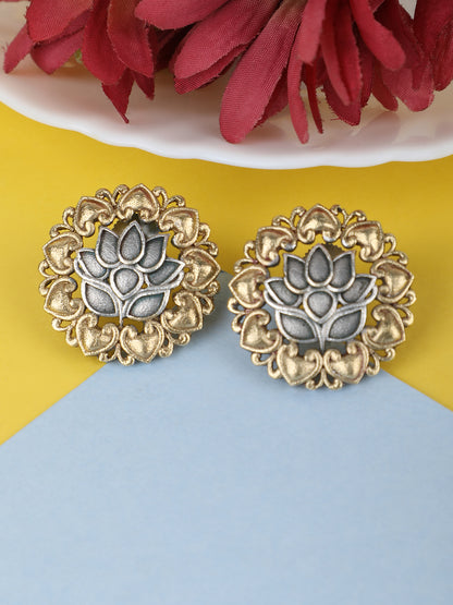 Classic Oxidized Gold and Silver Lotus Earrings for Women