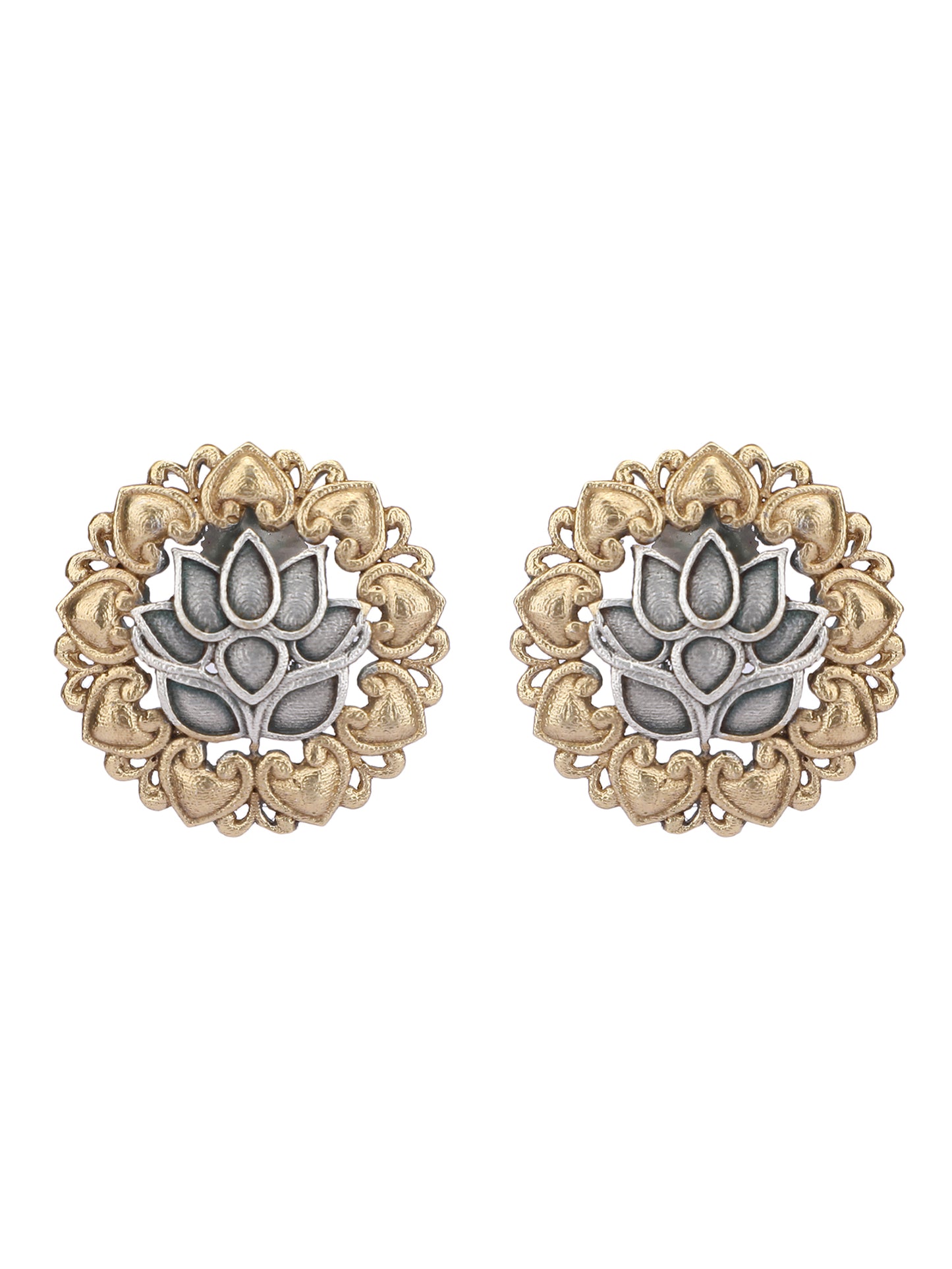 Classic Oxidized Gold and Silver Lotus Earrings for Women