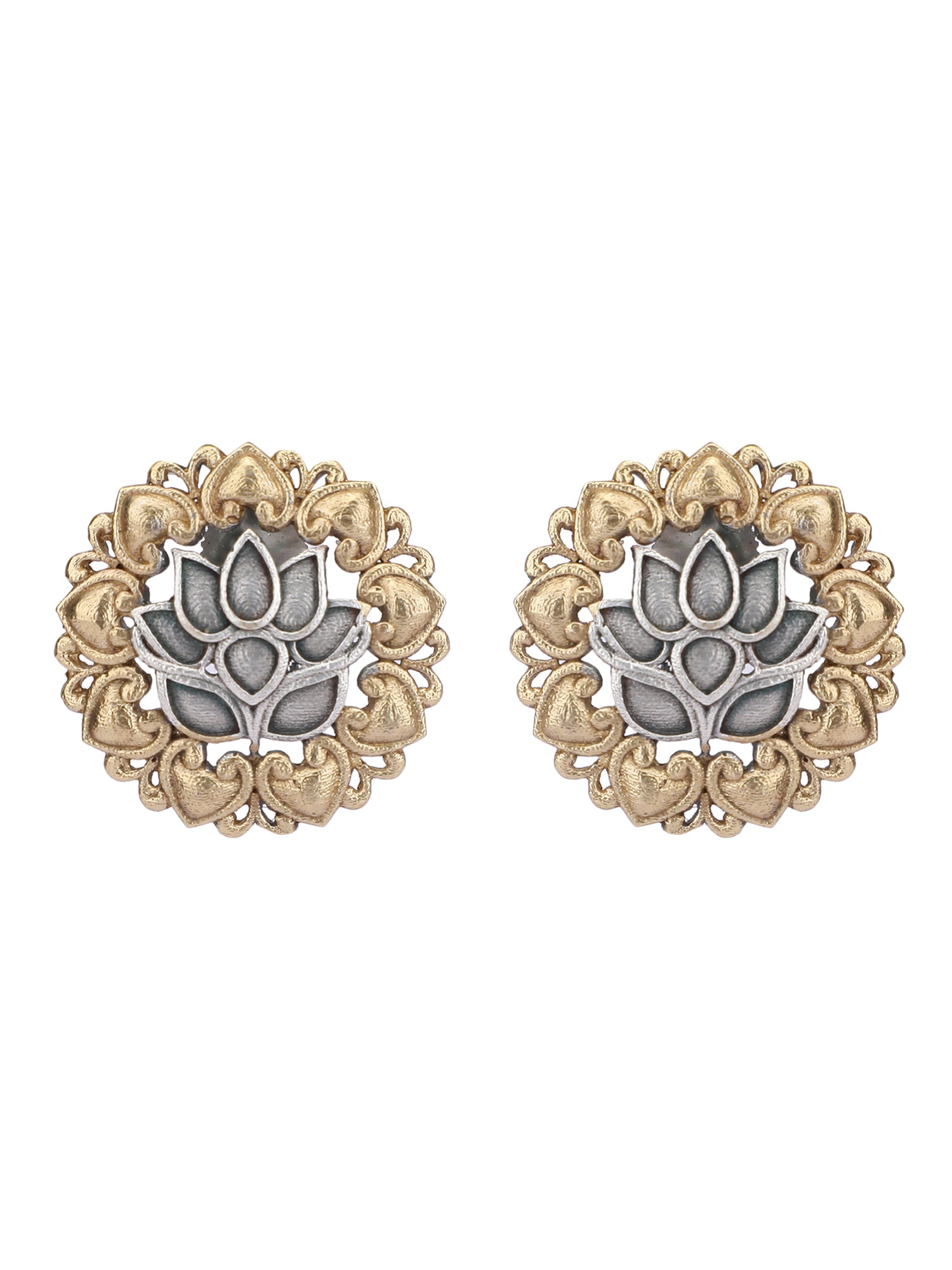 Classic Oxidized Gold and Silver Lotus Earrings for Women