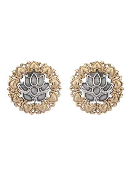 Classic Oxidized Gold and Silver Lotus Earrings for Women
