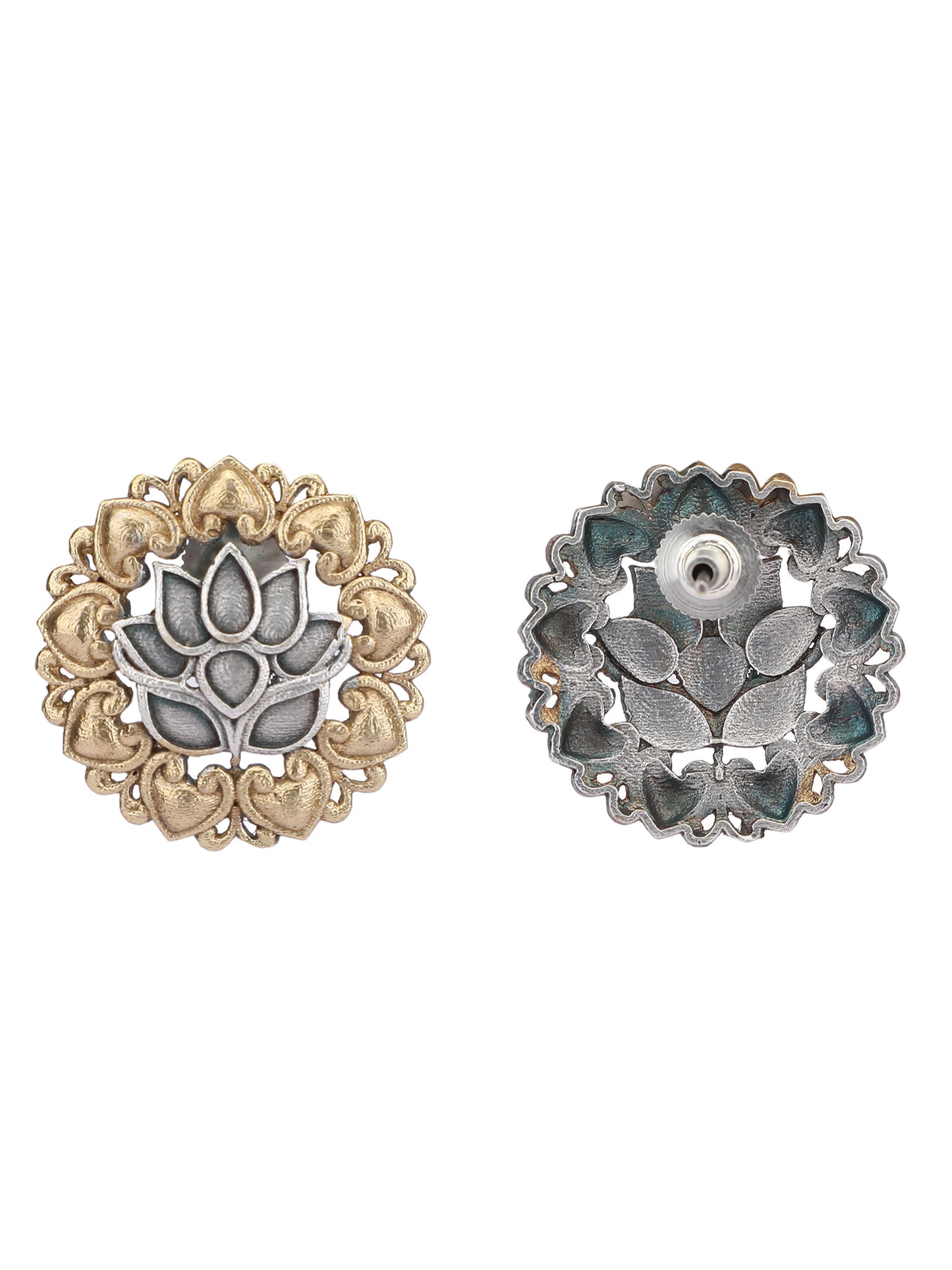 Classic Oxidized Gold and Silver Lotus Earrings for Women