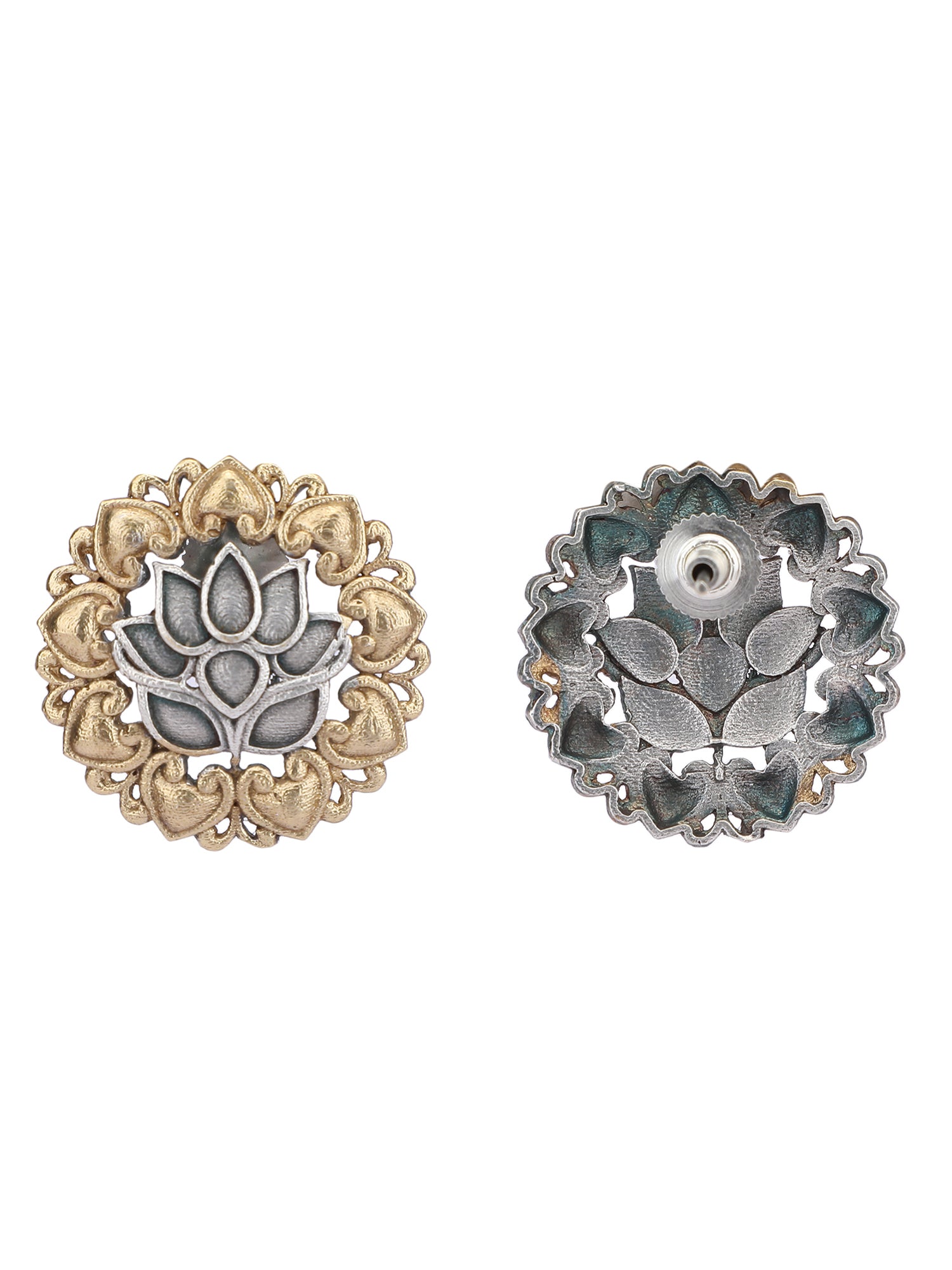 Classic Oxidized Gold and Silver Lotus Earrings for Women