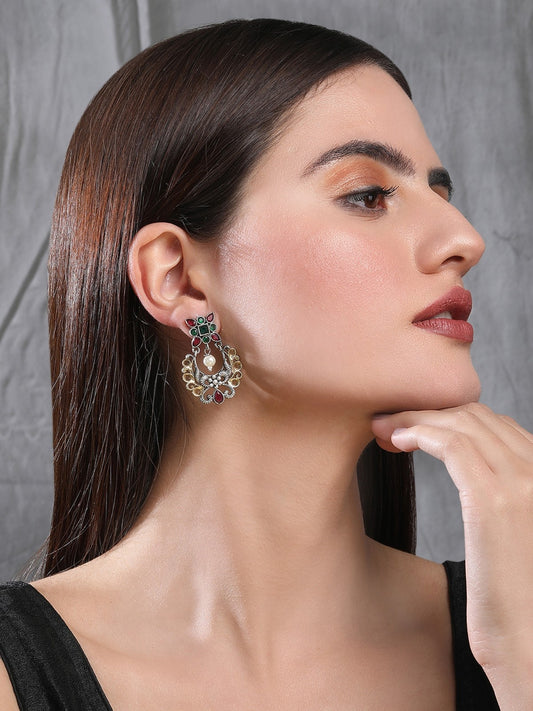 Classic Oxidized Green and Red Earrings with Pearl Drop for Women