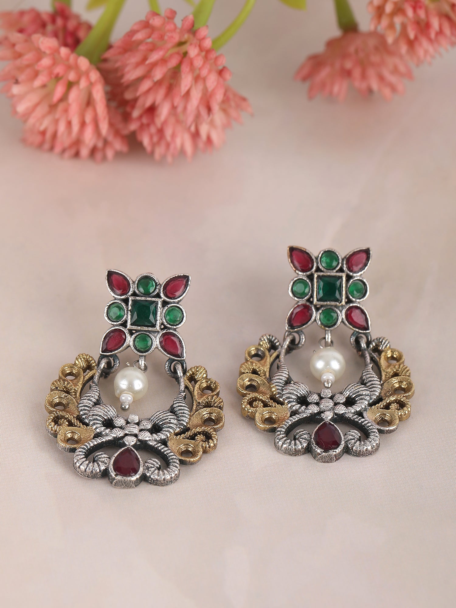 Classic Oxidized Green and Red Earrings with Pearl Drop for Women
