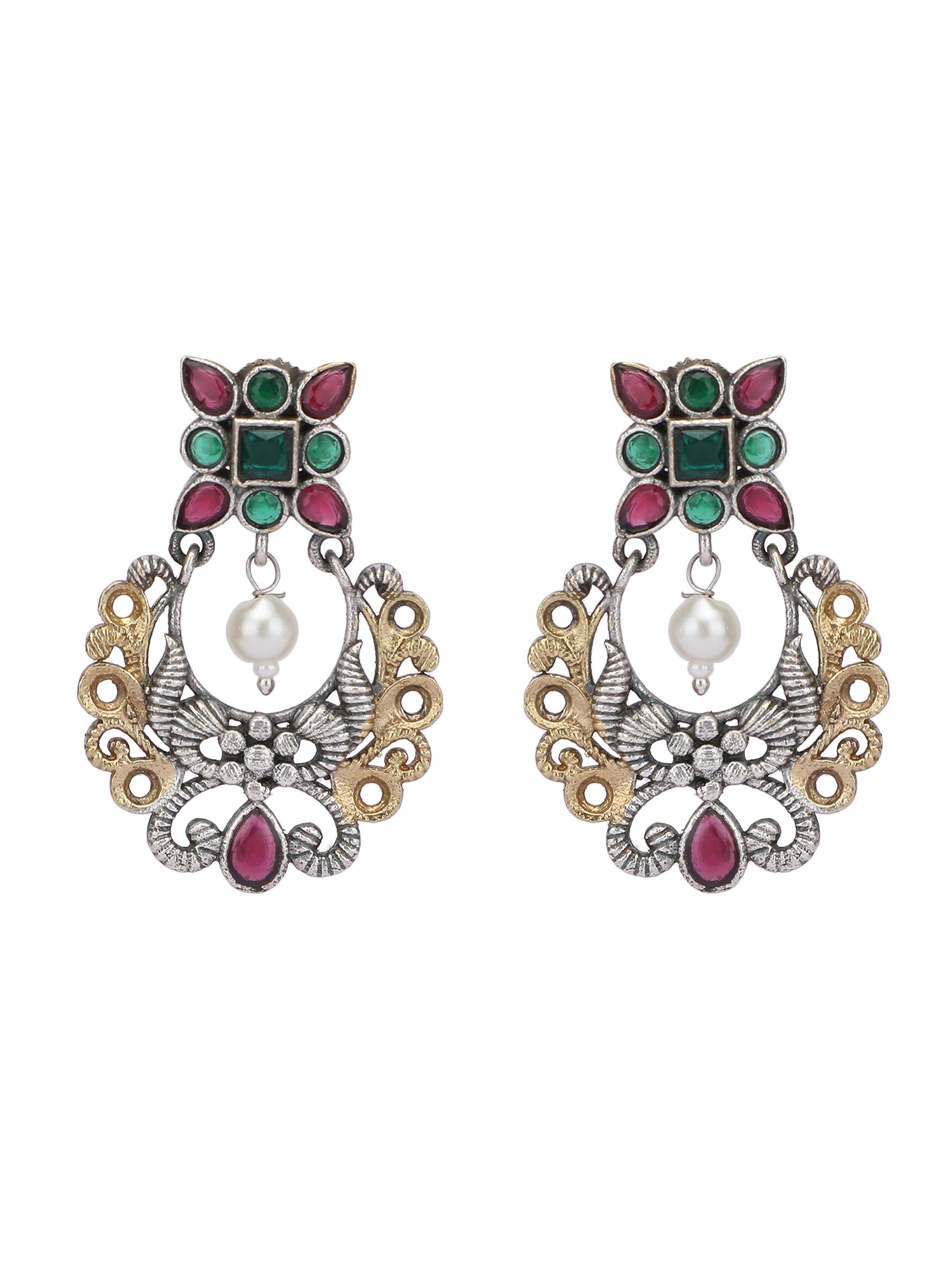 Classic Oxidized Green and Red Earrings with Pearl Drop for Women