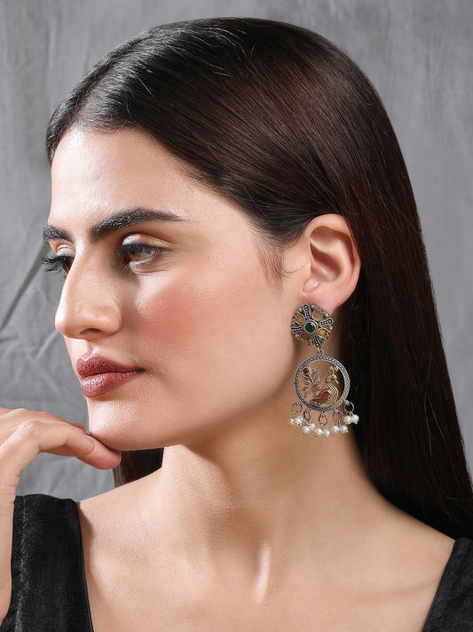 Elegant Oxidized Gold and Grey Peacock Earrings with Pearl Drops
