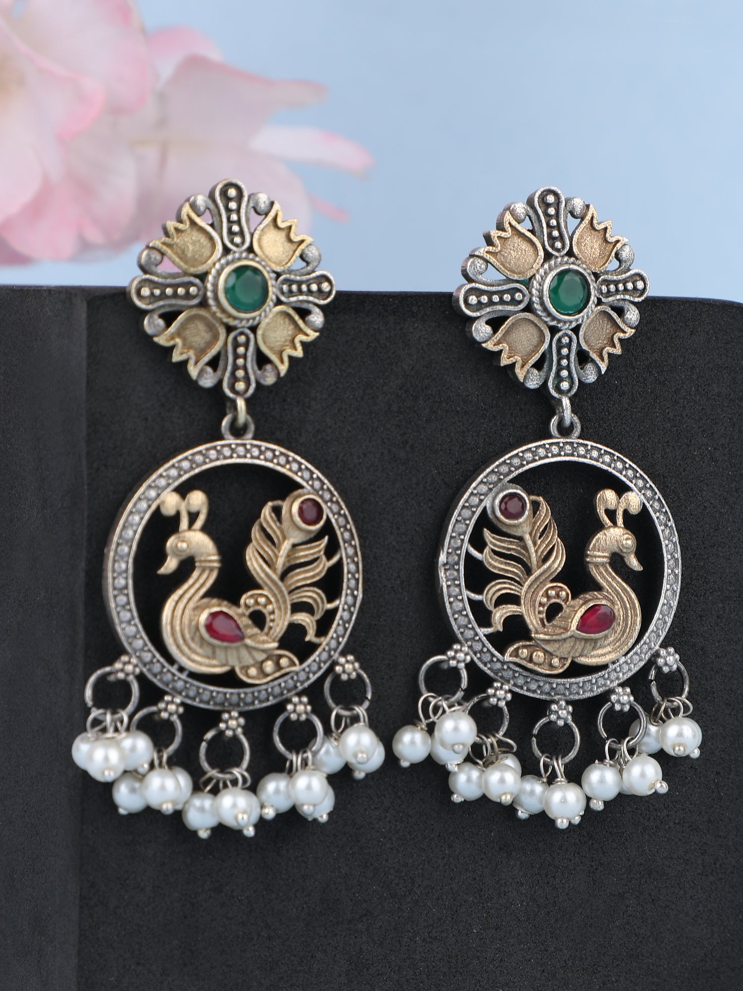 Elegant Oxidized Gold and Grey Peacock Earrings with Pearl Drops