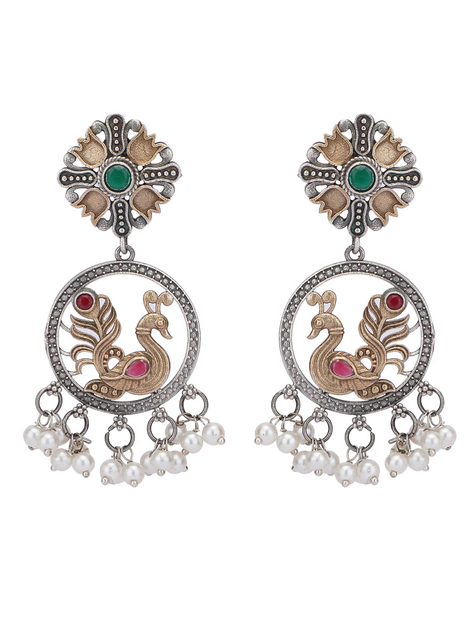Elegant Oxidized Gold and Grey Peacock Earrings with Pearl Drops