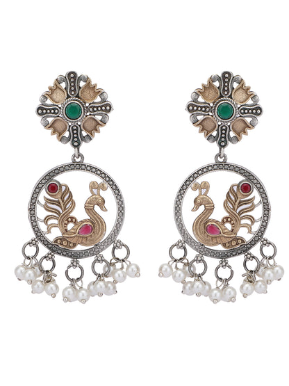 Elegant Oxidized Gold and Grey Peacock Earrings with Pearl Drops