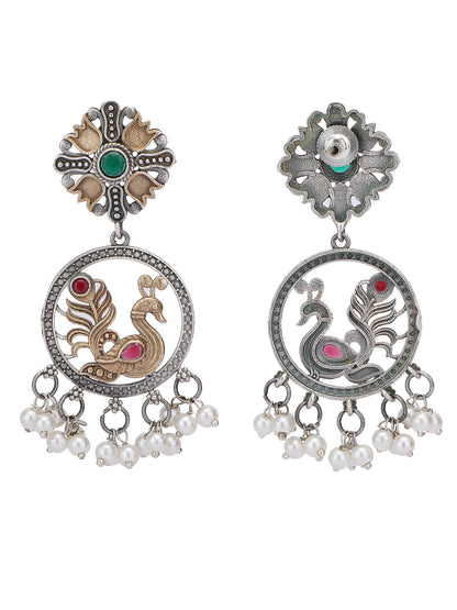 Elegant Oxidized Gold and Grey Peacock Earrings with Pearl Drops