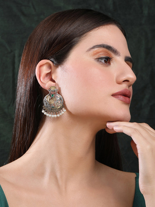 Elegant Oxidized Green and Grey Dangler Earrings for Women and Girls