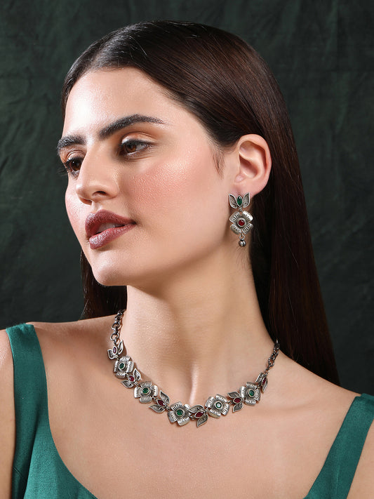 Elegant Oxidized Red and Green Floral Necklace Set for Women and Girls