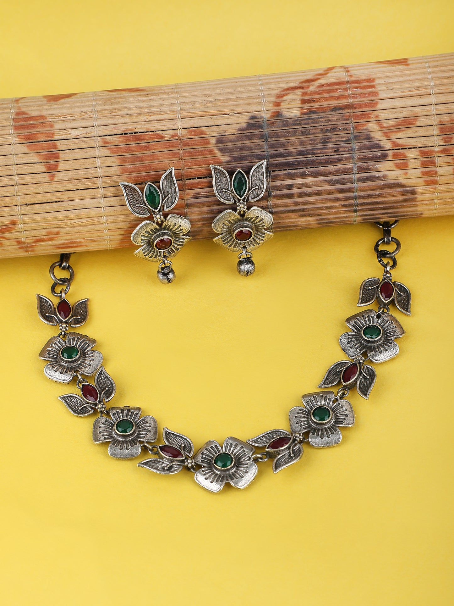 Elegant Oxidized Red and Green Floral Necklace Set for Women and Girls