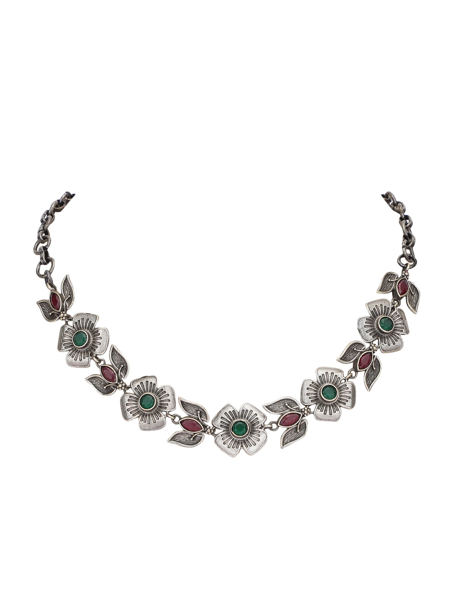 Elegant Oxidized Red and Green Floral Necklace Set for Women and Girls