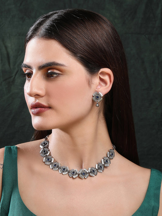Classic Oxidized Blue Floral Necklace Set for Women and Girls