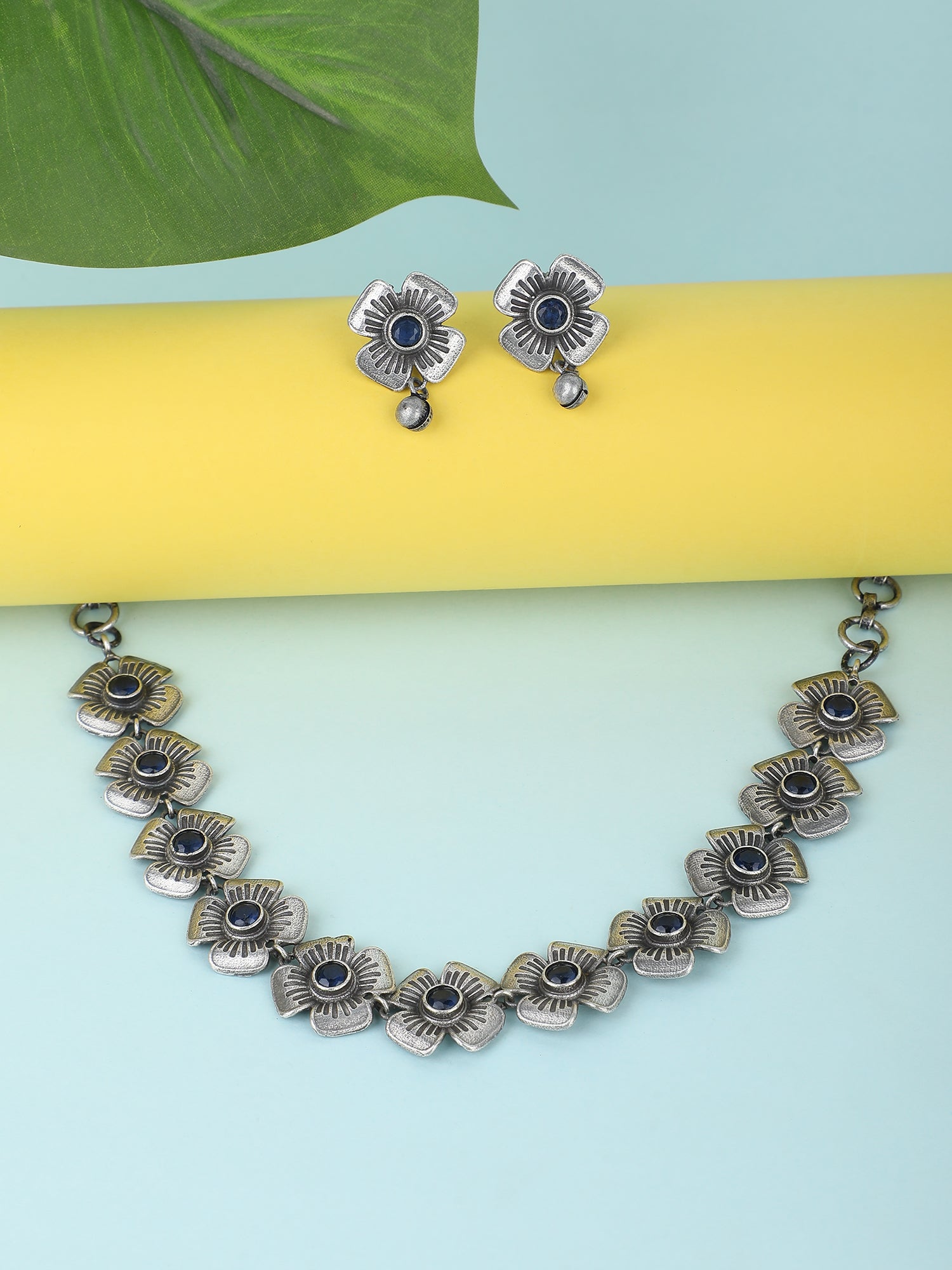 Classic Oxidized Blue Floral Necklace Set for Women and Girls