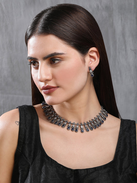Elegant Oxidized Blue Stone Necklace Set for Women and Girls