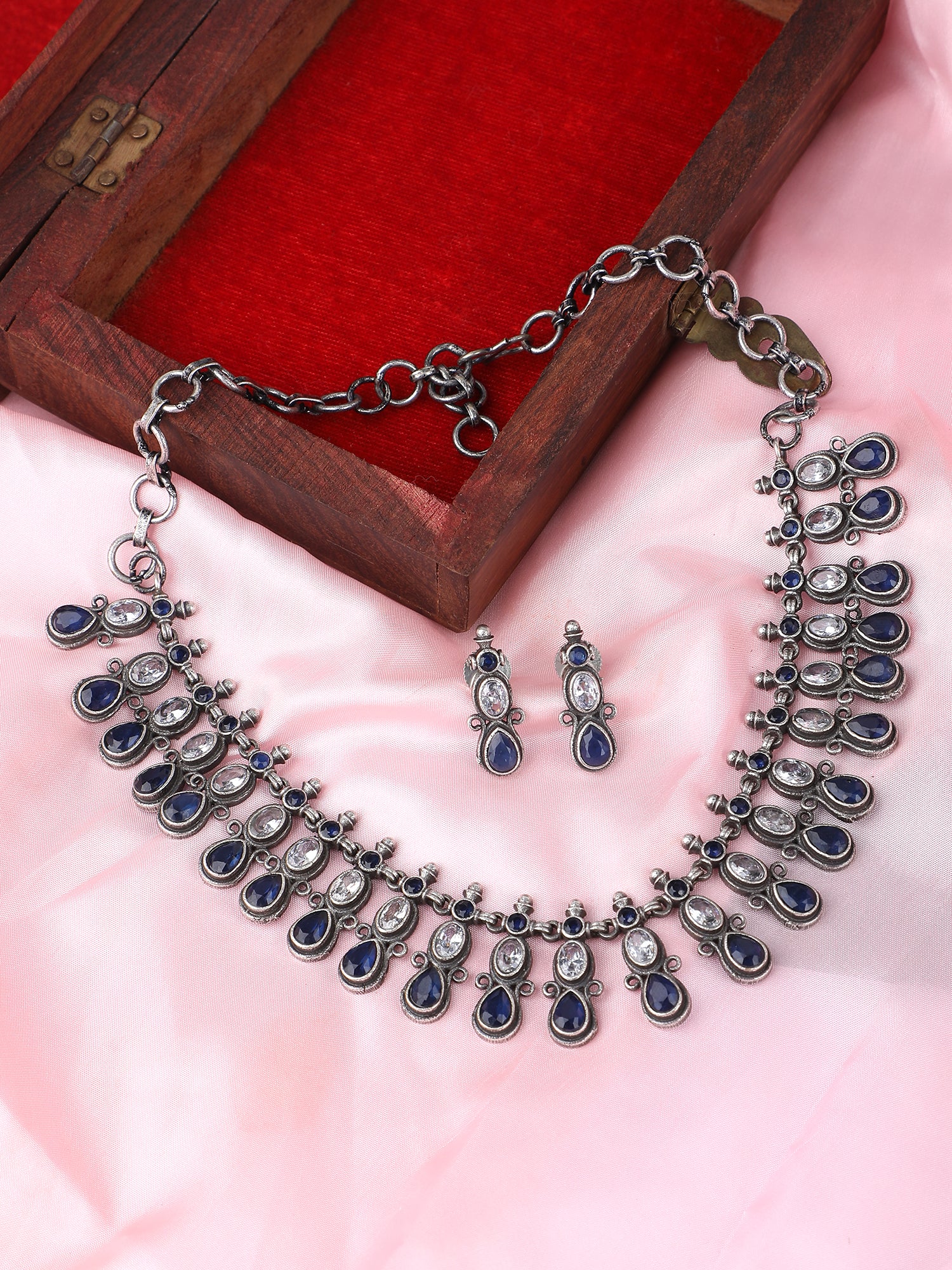Elegant Oxidized Blue Stone Necklace Set for Women and Girls