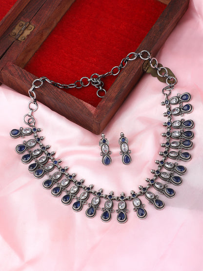 Elegant Oxidized Blue Stone Necklace Set for Women and Girls