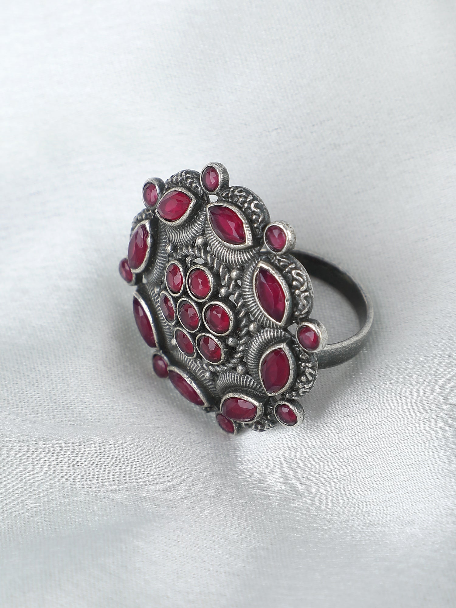 Antique Silver Red Gemstone Adjustable Statement Ring