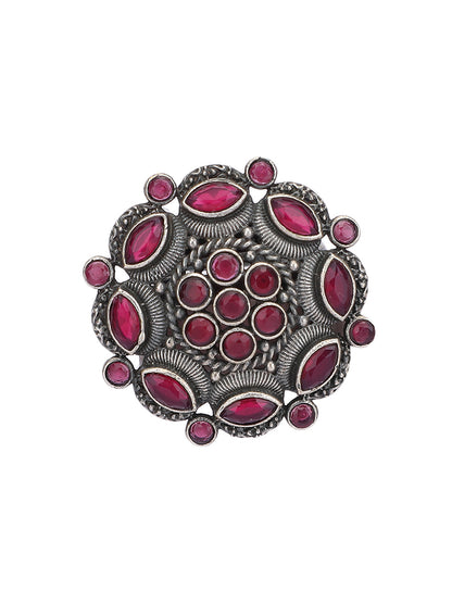 Antique Silver Red Gemstone Adjustable Statement Ring