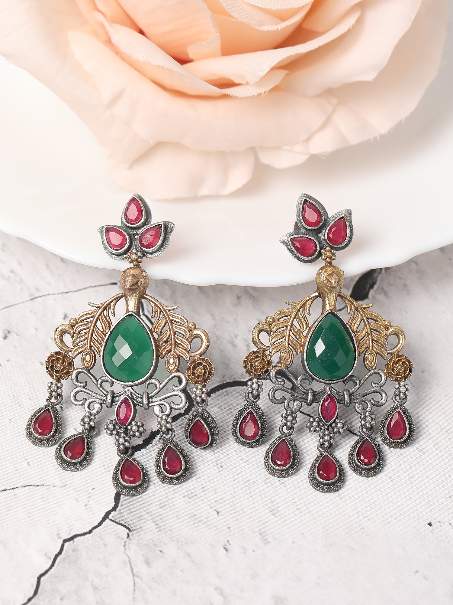 Classic Oxidized Green and Red Earrings for Women and Girls