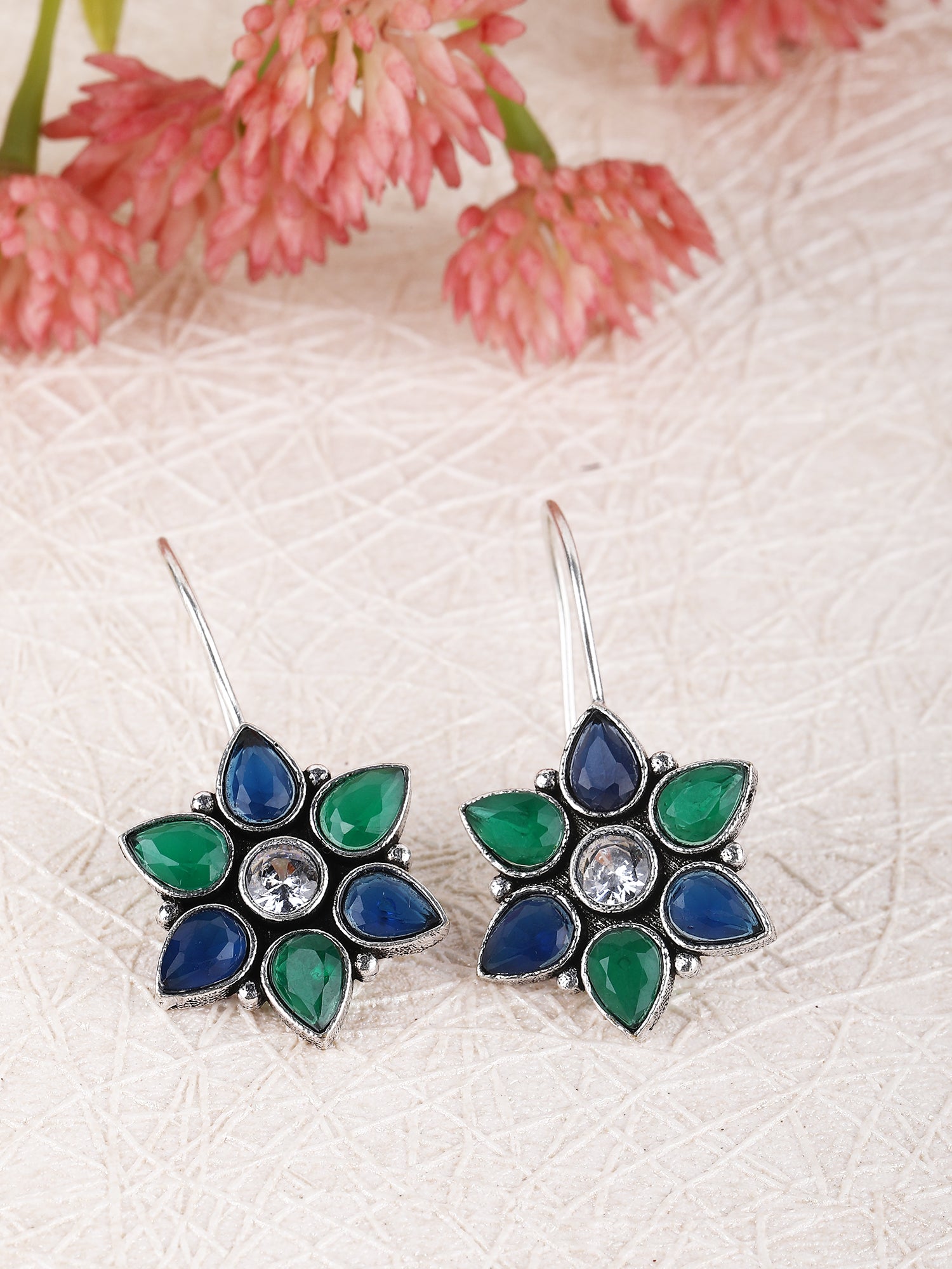 Oxidized Floral Drop Earrings - Blue & Green