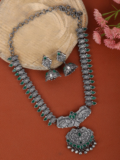 Elegant Oxidized Silver Necklace Set with Green Accents