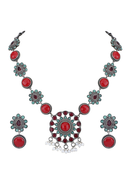 Oxidized Necklace Set with Red and Aqua Stonework