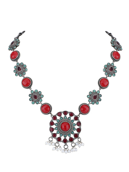 Bold Oxidized Necklace Set with Red and Aqua Stonework