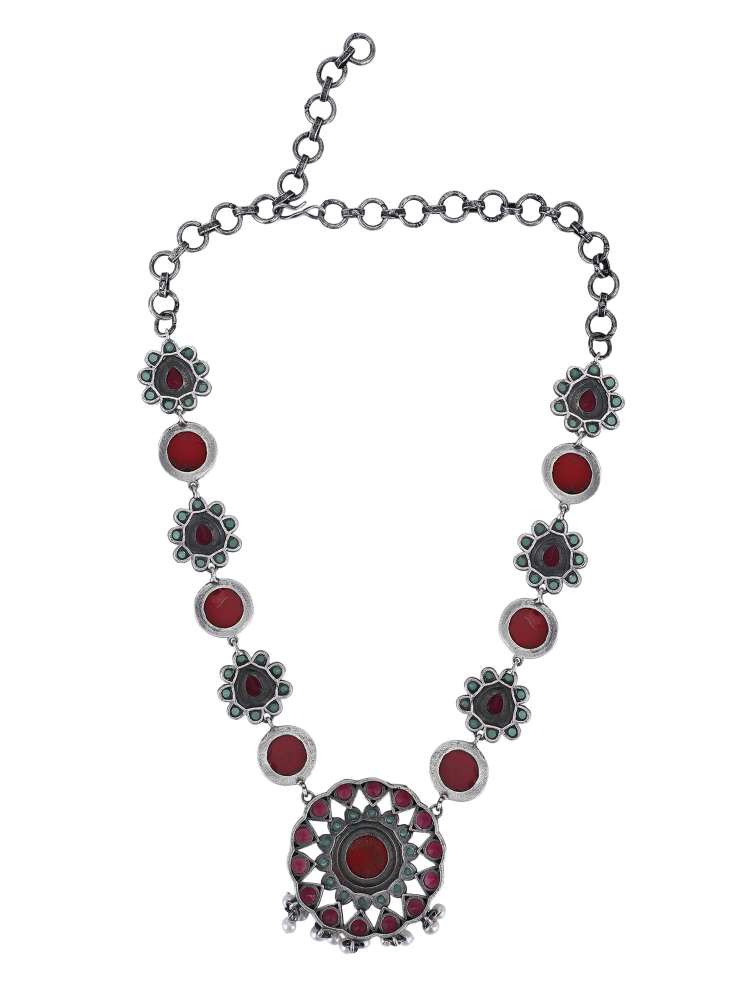 Bold Oxidized Necklace Set with Red and Aqua Stonework