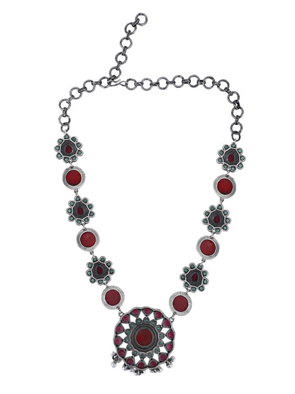 Bold Oxidized Necklace Set with Red and Aqua Stonework