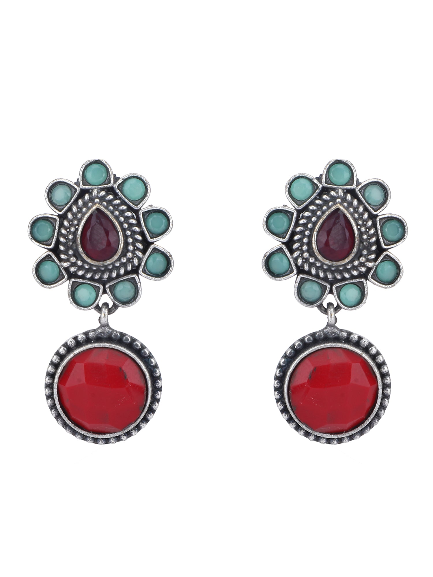 Bold Oxidized Necklace Set with Red and Aqua Stonework